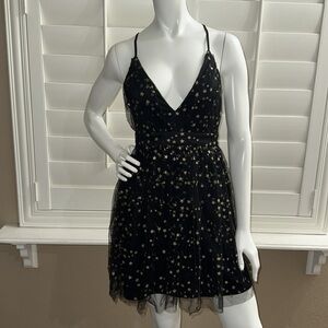 Lulus Favorite Moment Gold and Black Star Print Skater Dress